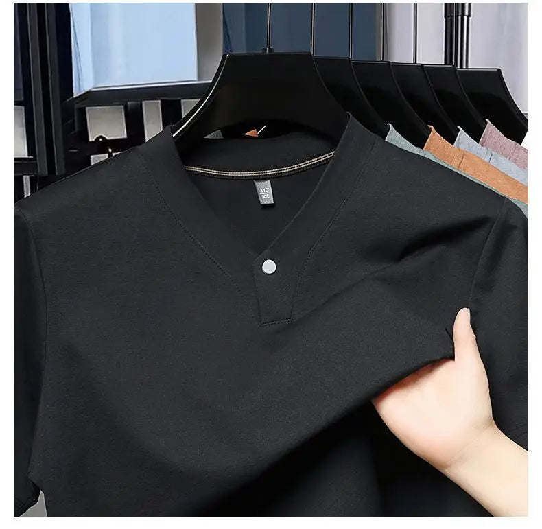 Men's T-shirt Classic V-Neck Short Sleeved Cotton Solid Button Super Soft High Quality L-4XL Casual Tshirt Design Men Tee Shirts.