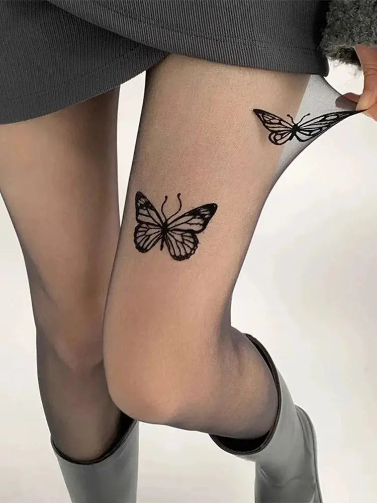 Sexy Butterfly Tights Vintage Y2K Fake Tattoo Pantyhose Black/Blue Lingerie Hosiery Thin Nylon Tights Body Ultra-thin Stocking #.