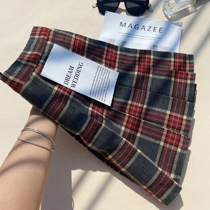 Plaid Woolen Blends Pleated Skirt For Women Fall Winter High Waist A-line Skirt Ladies Fashion Khaki Mini Skirts Vintage Female