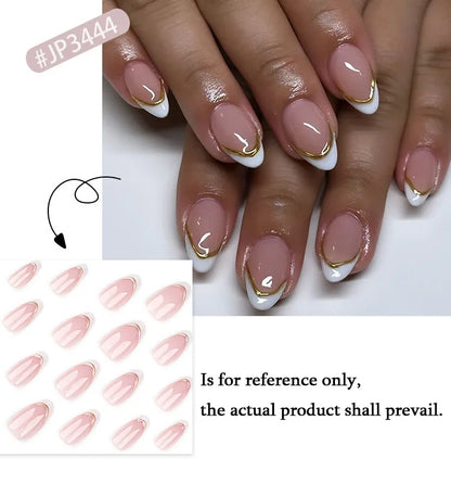3D Gold Line White French Nail Art Classic Simple Wearable Fake Nails Detachable Finished False Nails Press on Nails with Glue.