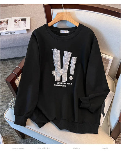 175kg plus size Damen büste Frühling Herbst loser Rundhals ausschnitt Langarm bedrucktes Sweatshirt schwarz lila 5xl 6xl 7xl 8xl 9xl