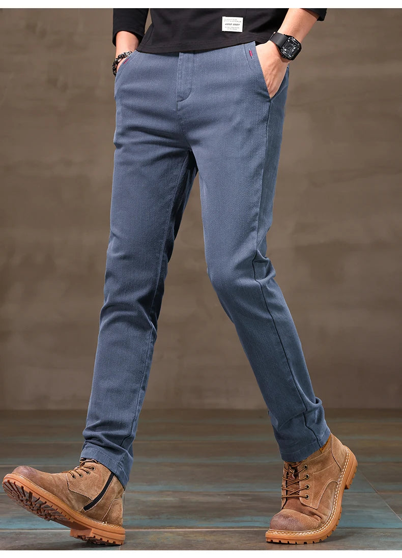 Men's Business Casual Pants Stretch Slim Fit Straight Semi-elastic Waist Trousers Solid Classic Office Work Male Clothing