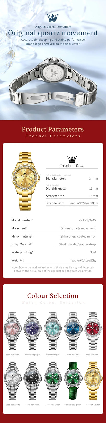 OLEVS 9945 Women Brand Original Quartz Watch Luxury Diamond Automatic Calendar Watch Waterproof Gold Elegant Women Watch Reloj.
