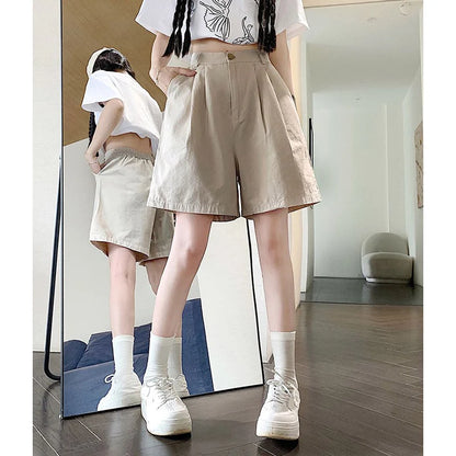2025 Summer Women Casual Daily Khaki Short Pants Female High Waisted Cargo Shorts Girls Retro Baggy Wide Leg Slacks.