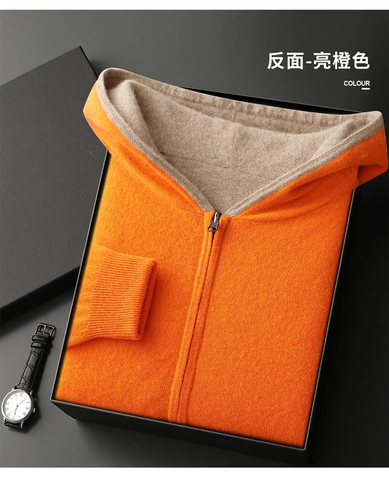 Autumn Winter Pure Cashmere Sweater Double-sided Cardigan Men's Casual Zipper Thickened Cashmere Knitted Hooded Sweater Coat
