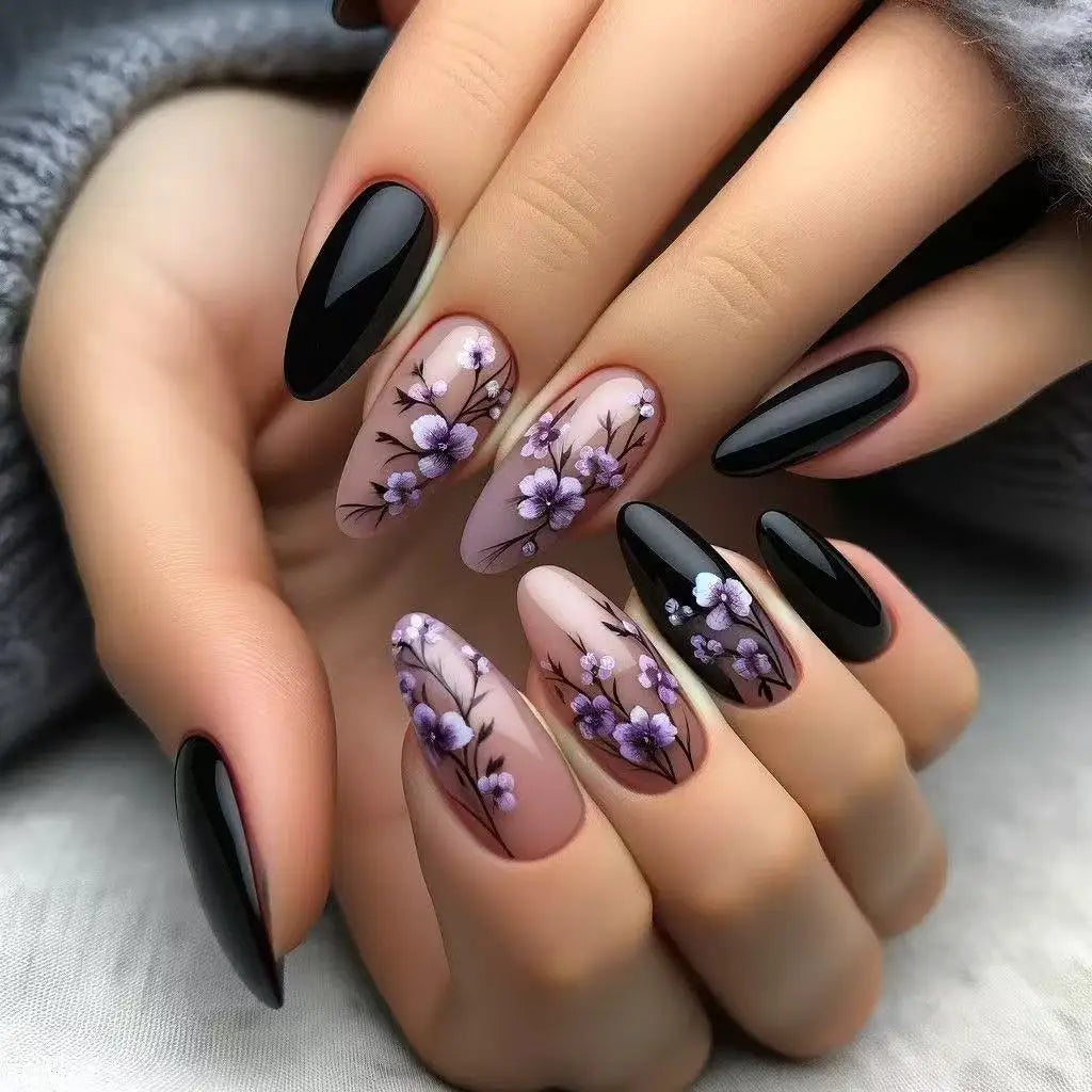 Purple Flower Press on Nails 24Pcs Almond/Coffin Wearable Fake Nails Flower Printed Woman DIY Manicure Acrylic False Nails Tips.