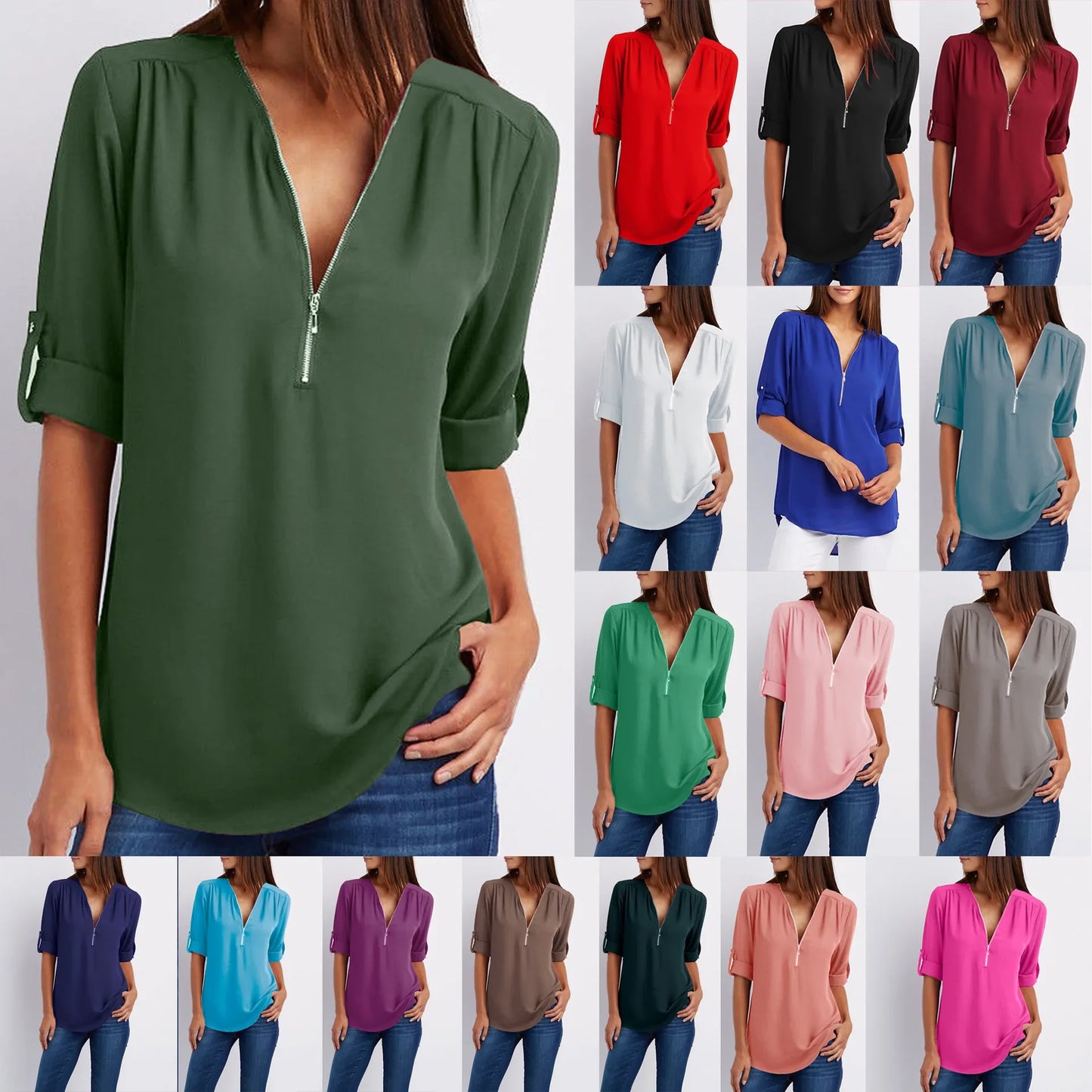 2024 Quality HotSale Plus Size Deep V Neck Women Blouse Chiffon Cool Loose Shirt Fashion Casual Ladies Tops Sexy Zipper Pullover.