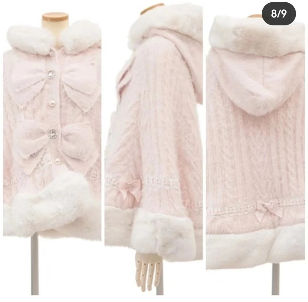 Japanische Liz Süße Prinzessin Faux Kaninchen Fell Cape Mantel Frauen Herbst Winter Pelz Jacke Lose Uhr Strass Bogen Mit Kapuze Mantel