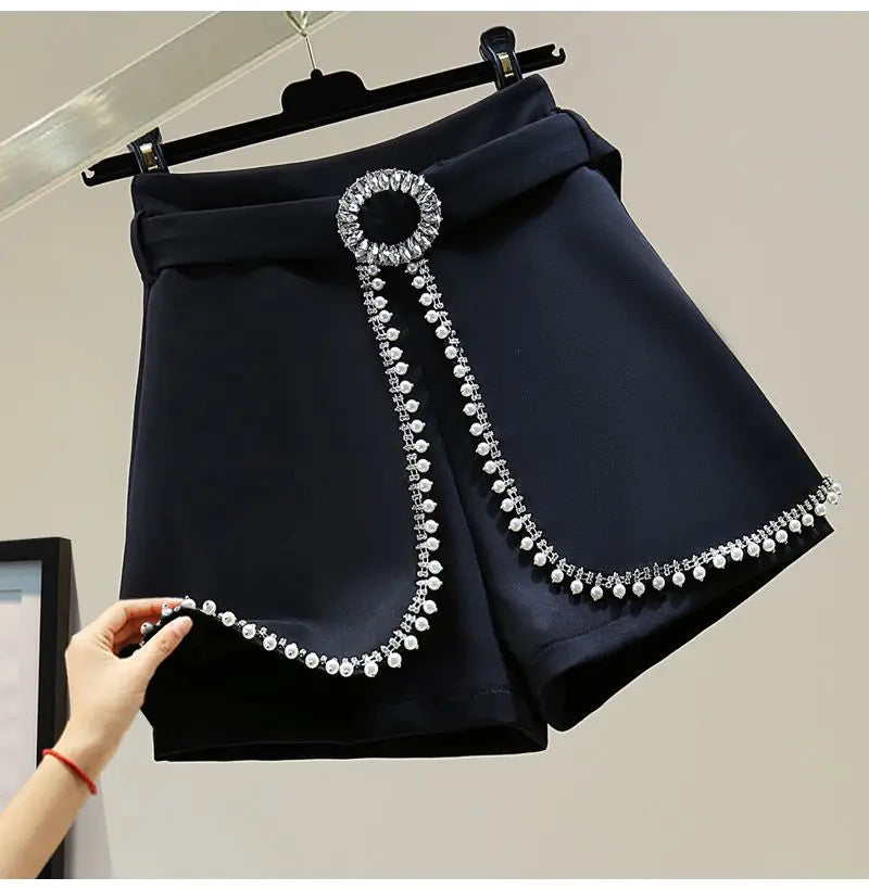 2025 Spring Summer New Simplicity Fashion Diamonds High Waist Shorts Women Clothes Fashion Patchwork Solid Color Wide Leg Pants.