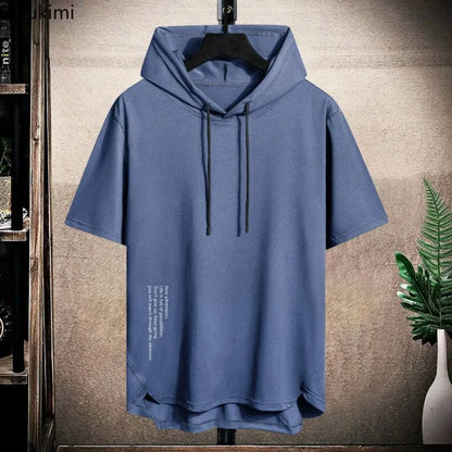 2025 Men's Summer Hoodies T-shirts Short Sleeve Solid Color Loose Hooded Drawstring Pullover Tops Basic Tees for Daily Wear Male.
