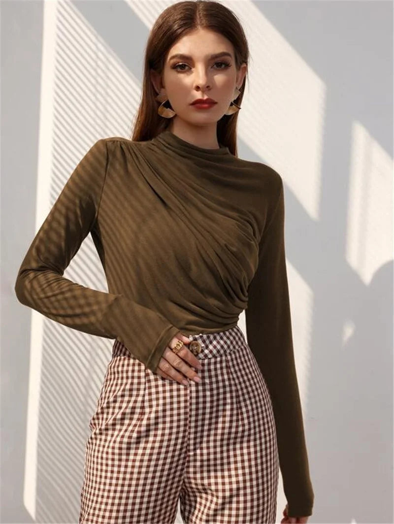 Autumn Winter Warm Fashion Pleated T-Shirt Women Solid Color Stand-up Collar Slim Tops Female Daily Casual Trend Streetwear Tees.