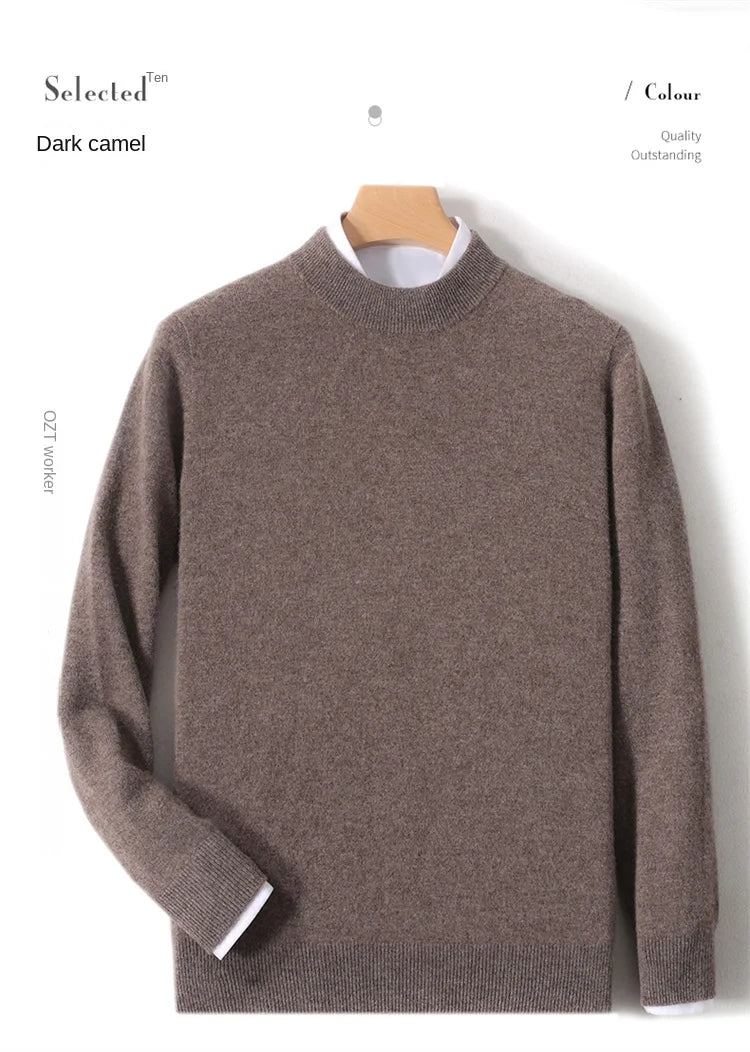 100% Pure Merino Wool Men's Semi High Neck Pullover Solid Color Plus Size Casual Sweater Autumn And Winter Sports Cashmere Top