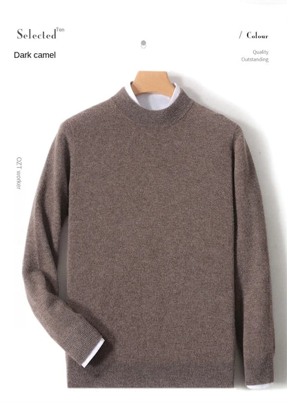 100% Pure Merino Wool Men's Semi High Neck Pullover Solid Color Plus Size Casual Sweater Autumn And Winter Sports Cashmere Top