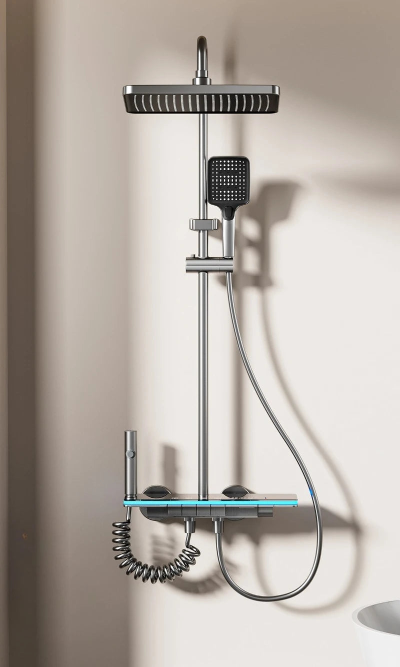 Graues Duschsystem mit Umgebungslicht, intelligentes digitales Duscharmatur-Set, Temperaturanzeige, Regen-Badezimmer-Duschset
