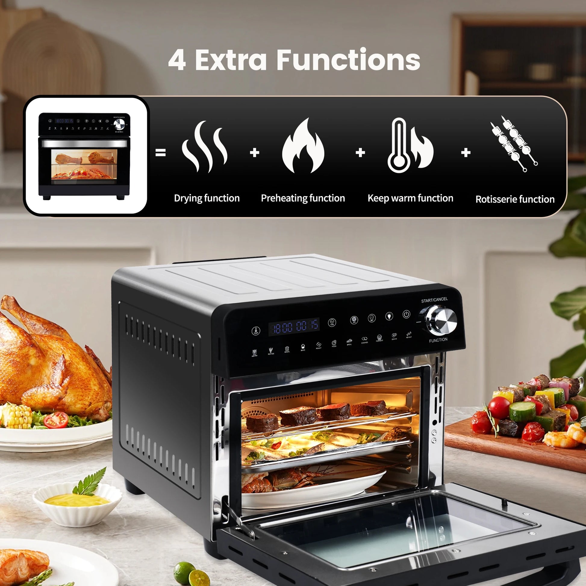 Hot Air Fryer 14L XXL Airfryer Mini Oven 1800W with 11 Programmes LED Screen, 5 Accessories Including Rotisserie and Recipe Book.