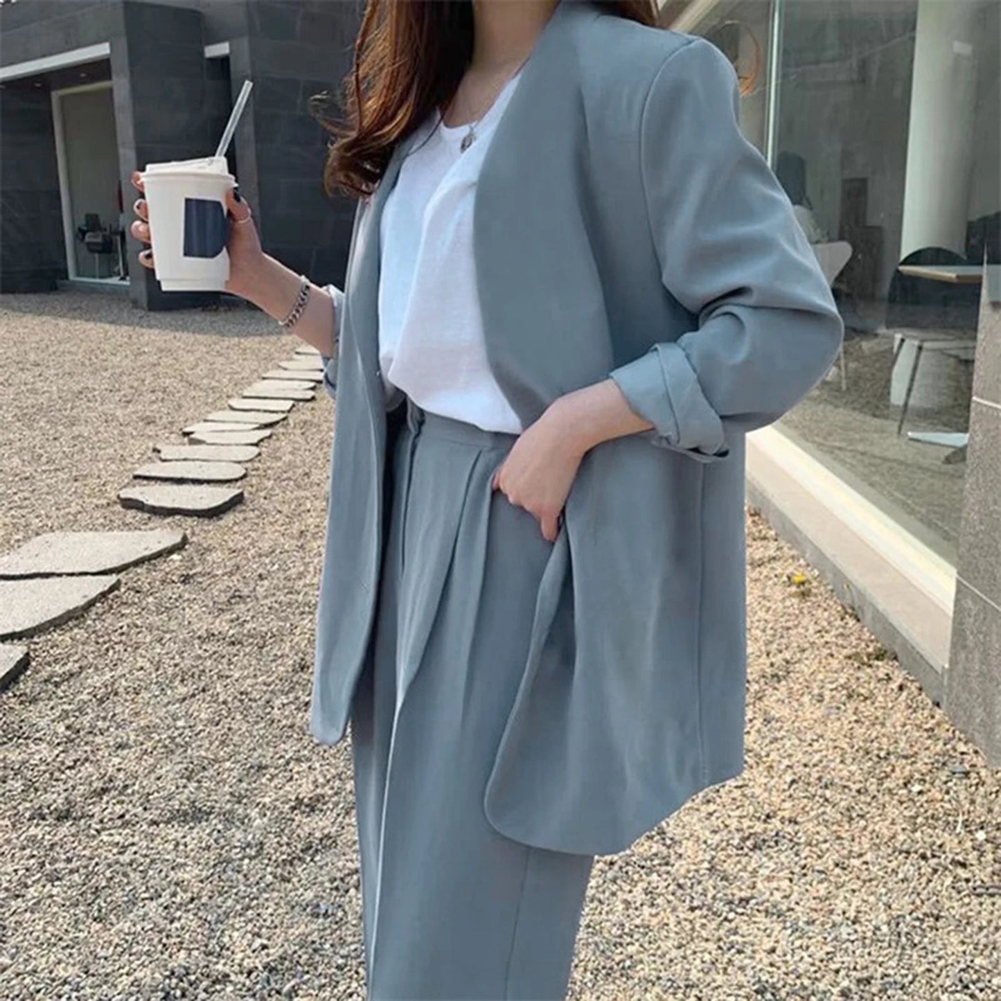 Wide Leg Suit Pants Set Elegant Women Business Suit Set Cardigan Jacket High Waist for Professional Lady Formal Coat Pants Set.
