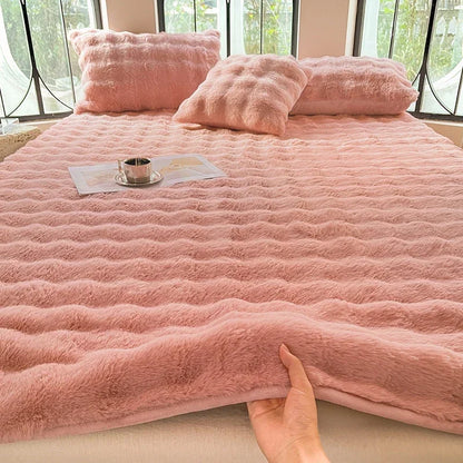 Fluffy Plush Fitted Bed Sheet Solid Color Long Hair Fleece Bed Cover For Double Bed fundas de colchón Winter Warm Mattress Cover.