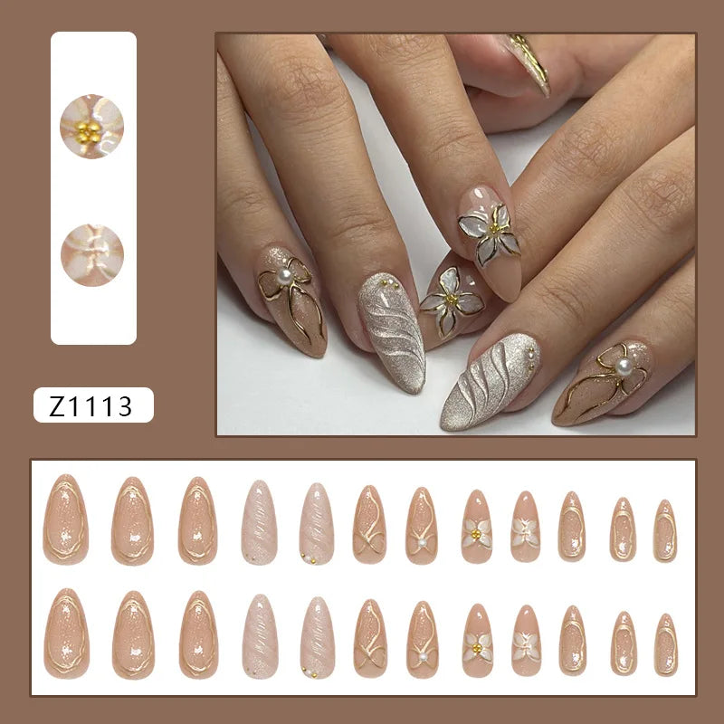 24pcs Flower Print Press on Nails Wine Red Blush Almond False Nail Tips Wearable Reusable Summer Spicy Girl Fake Nails