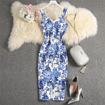 ALPHALMODA-Stretchy Tank-Kleid für Damen, schmales Baumwollkleid, einreihig, Blumendruck, elegant, Sommer, neu