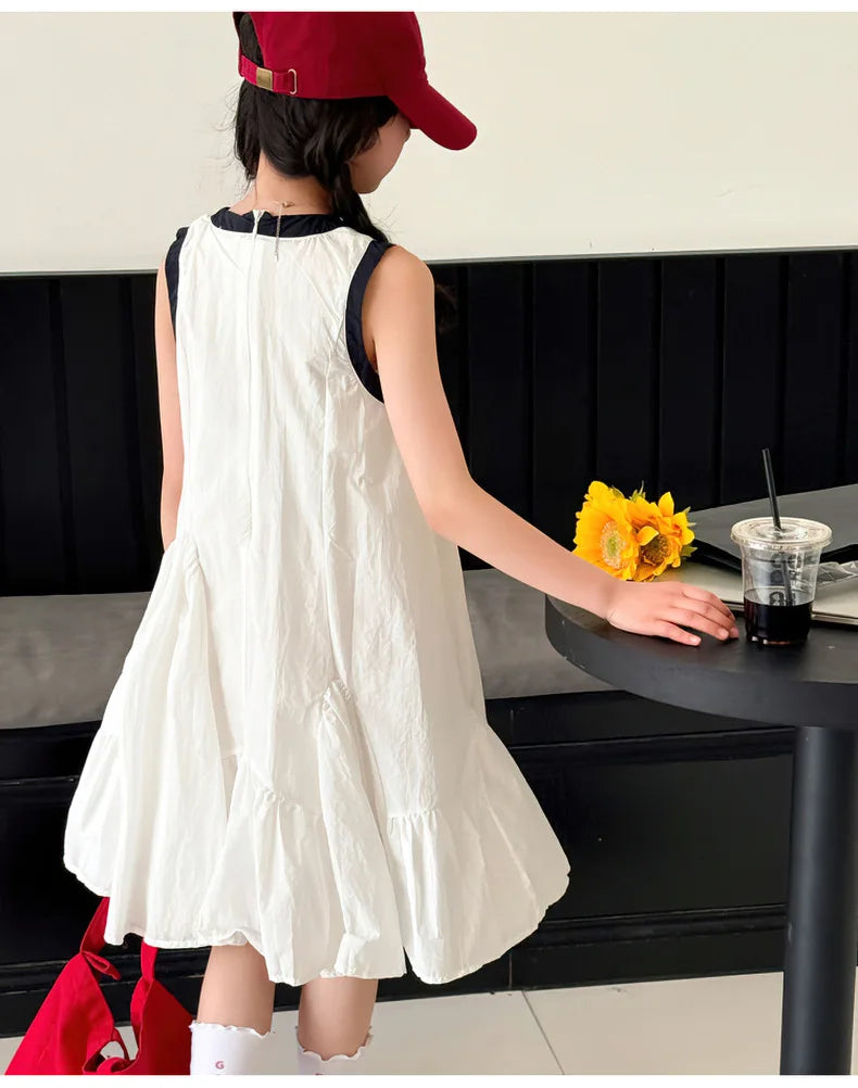 Neues Sommer-Mädchen-Prinzessinnenkleid für Kinder, ärmelloses Kleid mit Rüschen, Design-Kleider für Teenager, Kinder, lässiges Urlaubs-Strandkleid.