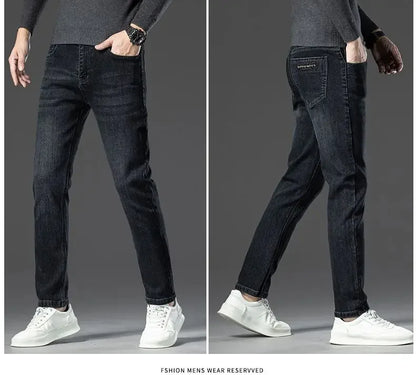 Autumn Winter New High Elasticity Men's Business Jeans Haze Blue Black Gray Denim Trousers Men's Pants Work Clothes Brand.