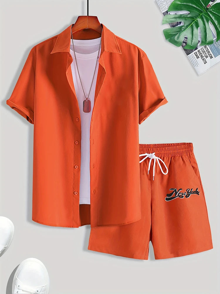 Einfaches einfarbiges Hawaii-Hemd für Herren, Sommer-Trend, kurzärmelige Shorts, 2-teilig, täglich, lässig, Shorts, Top-Anzug, modisch, übergroß.