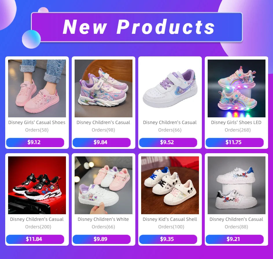 Disney Girls' Casual Shoes Frozen Priness Elsa Sneakers Mesh Leather White Breathable Sole Children's Sport Shoes Size 26-37.