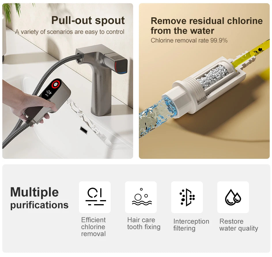 VGX Purified Bathroom Faucets Pull Out Water Filter Tap White Basin Mixer Sink Faucet Gourmet LED Display Brass Tapware Crane