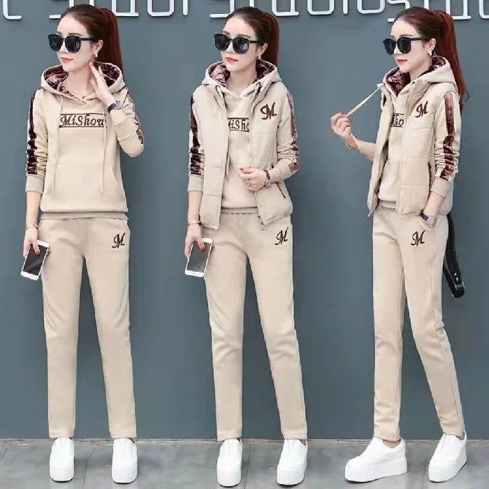 Winter 3 Pcs/Set Women Waistcoat Top Pants Set Letter Embroidery Ladies Winter Tracksuit Color Block Three-piece Sweatpants Set