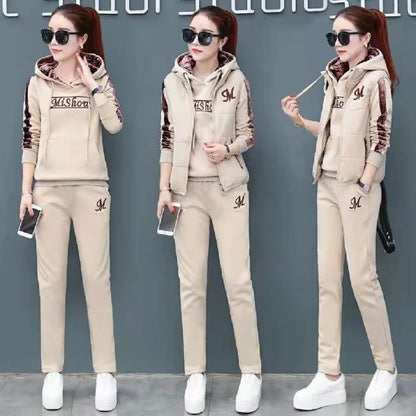 Winter 3 Pcs/Set Women Waistcoat Top Pants Set Letter Embroidery Ladies Winter Tracksuit Color Block Three-piece Sweatpants Set