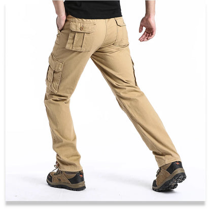 Large Pocket Loose Overalls Men's Outdoor Sports Jogging Tactical Pants Elastic Waist Pure Cotton Casual Work Pants.