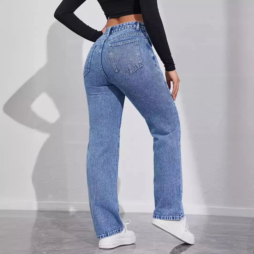 Women's High Waist Loose Comfortable Slimming Fashionable Straight Leg Casual Long Jeans Durable Quality from Mainland China.
