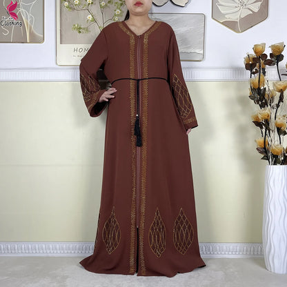 New Dubai Women Elegant Dress Diamonds Chiffon Open Abaya with Zipper Islamic Turkey Clothing Women Muslim Party Evening Dress.