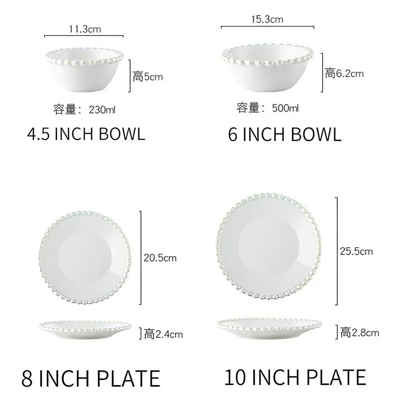 Ceramic Tableware Set Nordic Creative Pearls Beaded Edge Western Food Snack Plate Rice Bowl Soup Bowl Steak Plate Set Kitchen.