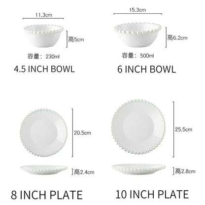 Ceramic Tableware Set Nordic Creative Pearls Beaded Edge Western Food Snack Plate Rice Bowl Soup Bowl Steak Plate Set Kitchen.