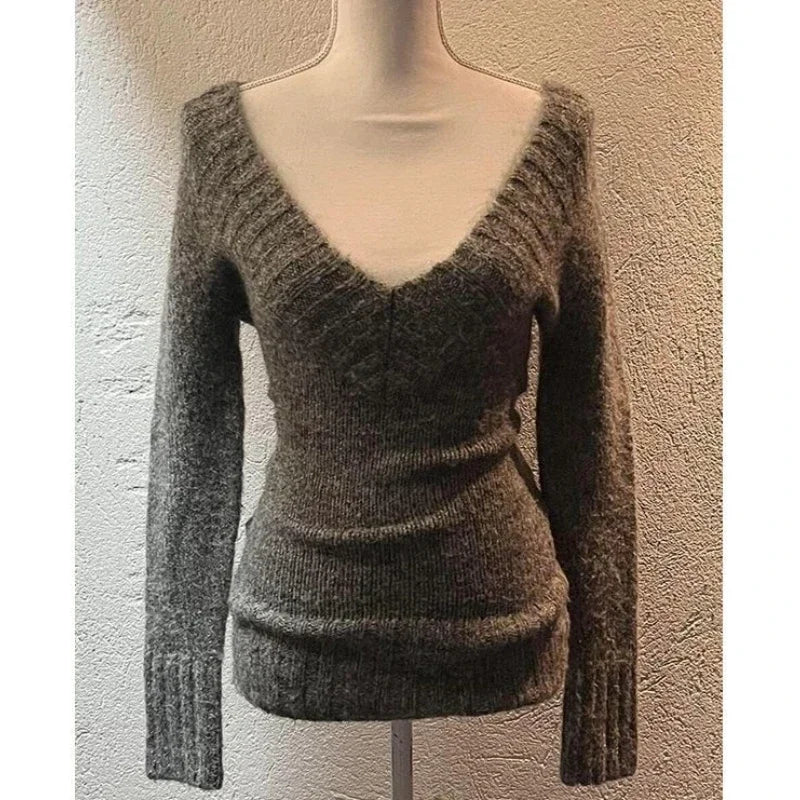 Deeptown Sexy Gestrickte Pullover Frauen V-ausschnitt Vintage Frühen Y2k Grunge Pullover Mujer Herbst Mode Langarm Pullover Schlank.