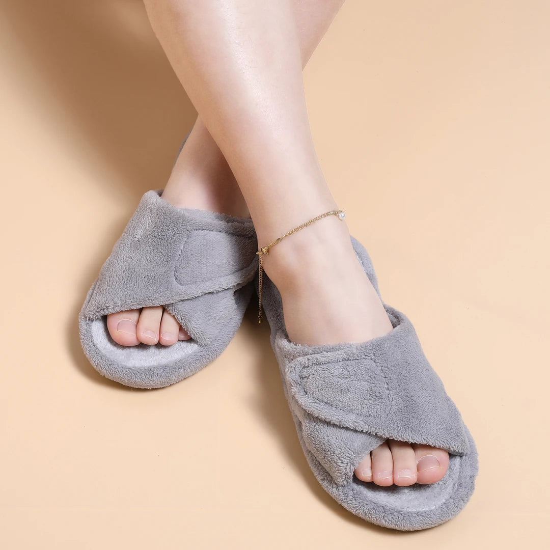 Comwarm Fuzzy House Slippers For Women New Terry Cloth Arch Support Cotton Slippers Four Seasons Open Toe Indoor Flat Slippers.