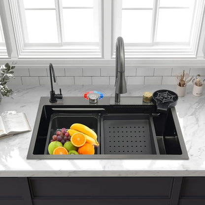 BYMAOCAR Edelstahlspüle, Küchenspüle mit ausziehbarem Wasserhahn, Haushaltsspülbecken-Set, Edelstahl-Wasserfallspüle 68 x 45 x 21 cm