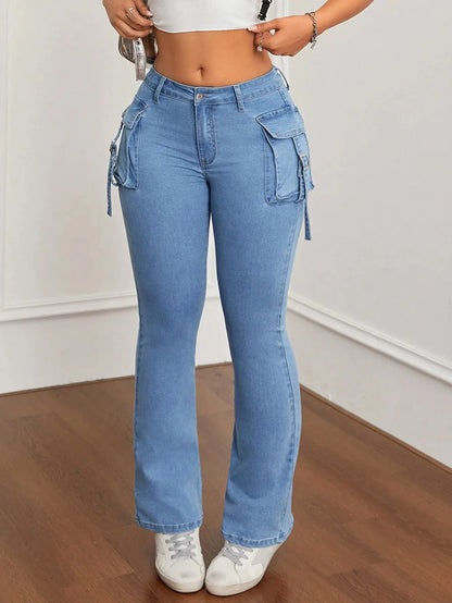 High Waist Bell Bottom Jeans Women's Slim Fit Workwear Denim Pants High Elasticity Cross-Border Long Trousers.