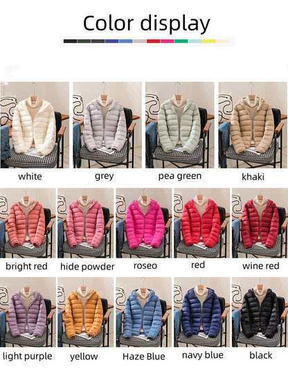 2024 neue Ankünfte Frauen Mit Kapuze Ultra Leichte Packbare Puffer Jacken Herbst Winter Weiße Ente Unten Weiblichen Koreanischen Dünnen Mantel.