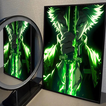 1pc Neon Effect Japan Anime Demon Slayer Tanjiro Nezuko Character Poster Self-adhesive Art Waterproof Paper Sticker Wall Decor