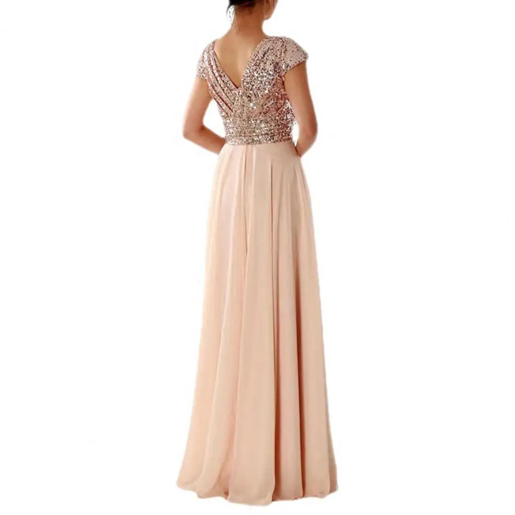 Elegantes Pailletten Chiffon Kleid für Frauen V-Ausschnitt Plissee Saum weibliche Pailletten Chiffon Abschluss ball Cocktail langes Kleid Hochzeit Abendkleid.