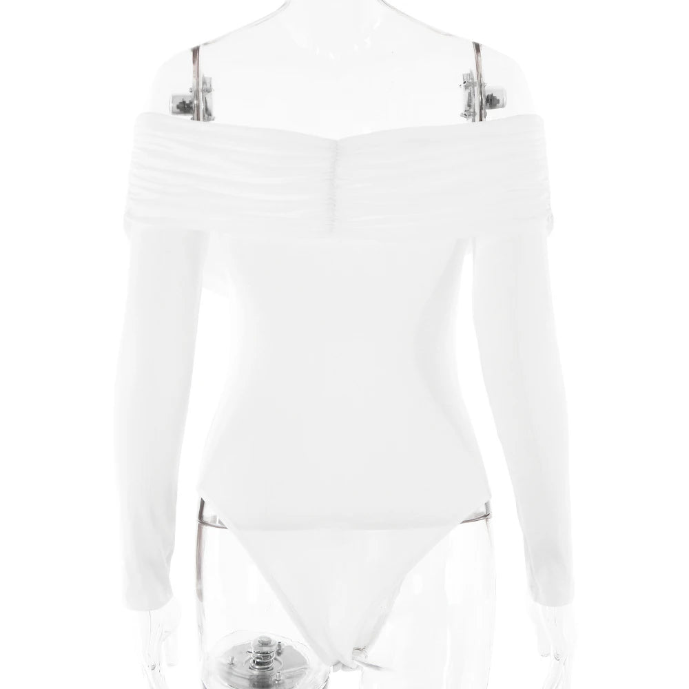 New Solid Sexy Off Shoulder Bodysuits Women Fashion Crossed Folds Skinny Rompers Long Sleeve Fashion Streetwear Autumn Bodysuits