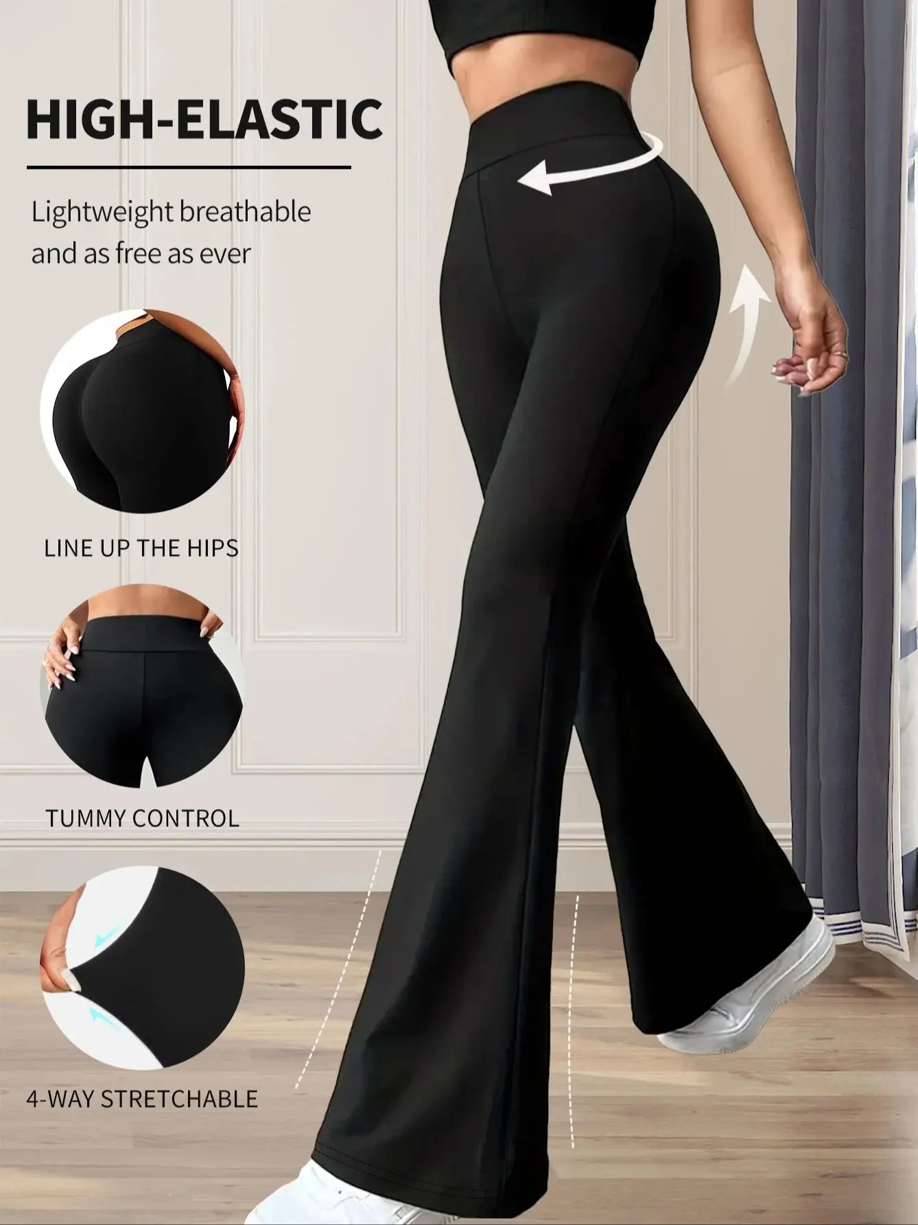 Eng anliegende Schlaghose für Damen im Frühling und Sommer mit hoher Taille, lange schwarze Hose mit schmalem Bein, dünne Hose mit weitem Bein für schlanke Frauen.