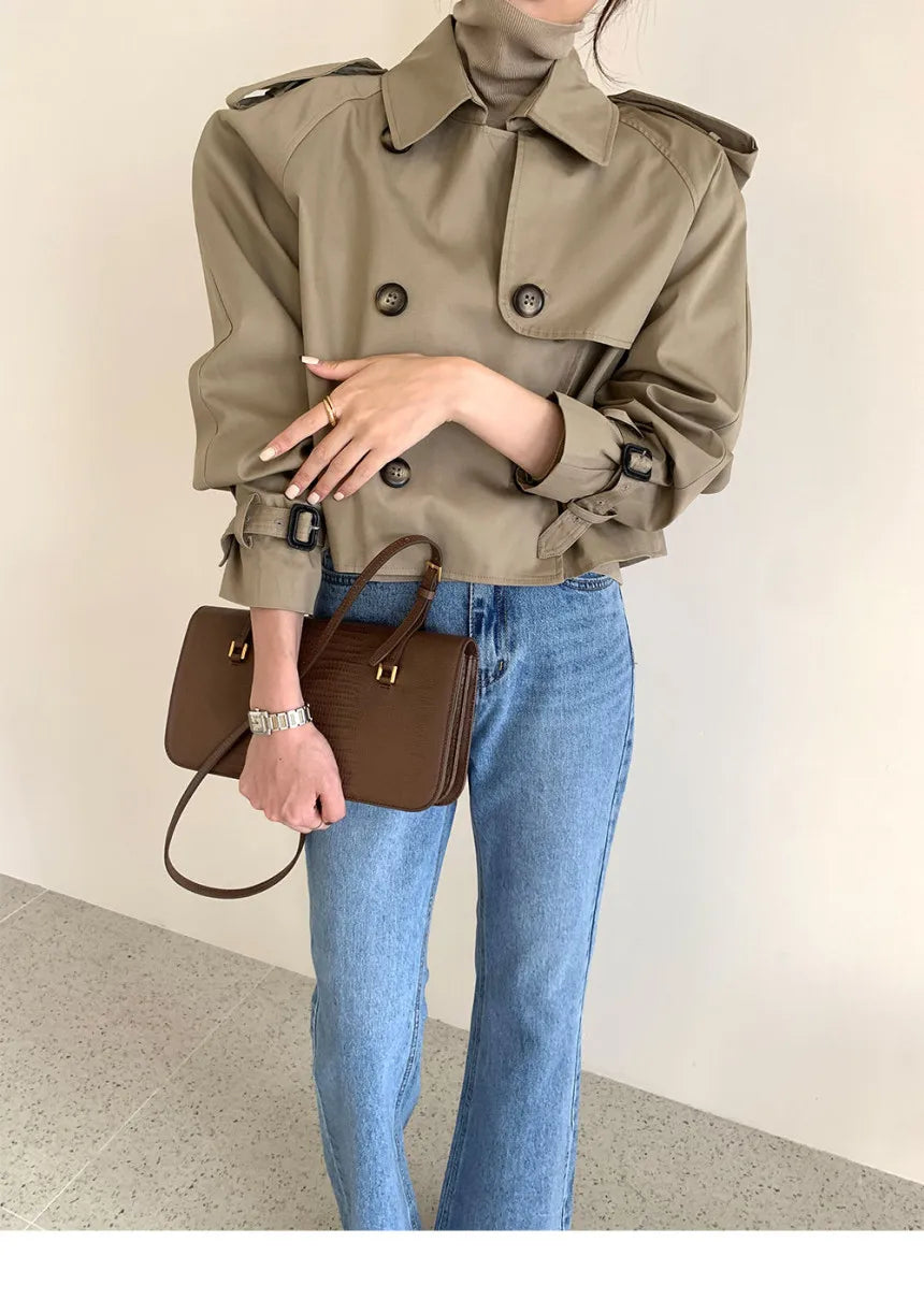 Vintage Zweireiher Graben Jacken Frauen Lose Chic Büro Dame Crop Tops Herbst Weibliche Mäntel Alle-spiel Lose Windjacke.