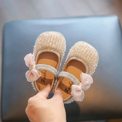 Girls Walking Shoes Lace Mesh Bows Kids Princess Shoes Non-slip Shiny Sequins 2025 New Children Flat Shoes Soft Sole Non-slip.