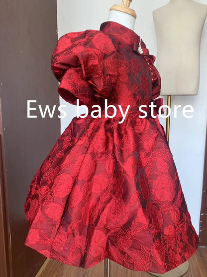 Sommer neue Kinder Prinzessin Ballkleid Kinder Bogen Puff Ärmel Design Hochzeit Geburtstag Taufe Party rote Kleider für eid a2051.