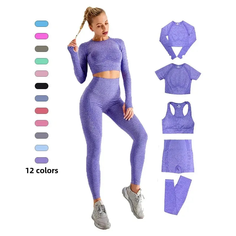 Seamless Yoga Suit Women's Long Sleeve Jacquard Sports High-Waisted Tightening Leggings Fitness Top Origin China.