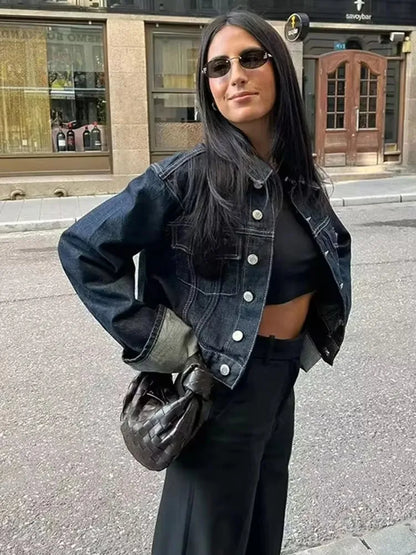 HH Women Vintage Denim Jacket Pant Sets Single Breasted Lapel Long Sleeve Coat Wide Leg Trousers Jeans High Street Outfits.