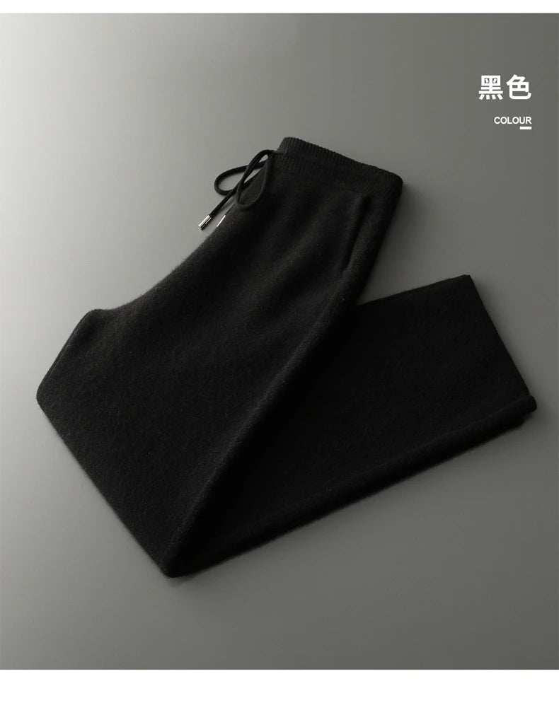 4PINK Thickened 100% Pure Cashmere Pants Men High Waist Knitted Wide Leg Pants Solid Color Lace Up Straight Pants Elastic Waist